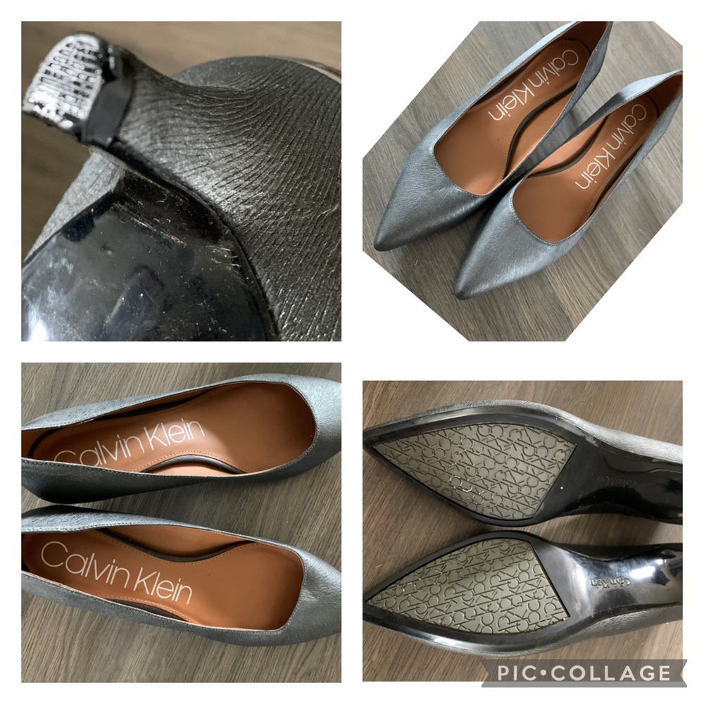 Calvin Klein kitten heel silver pump.